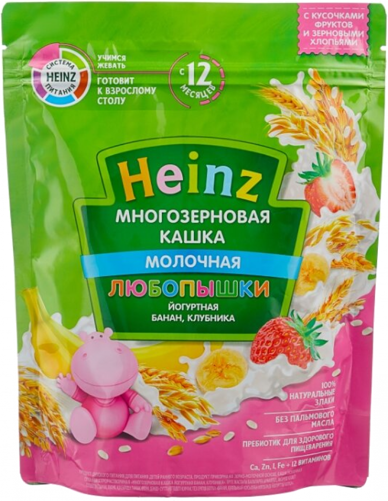 Каша ТМ Heinz молочная Любопышки многозерновая йогуртная с бананом и клубникой (с 12 месяцев) 200г