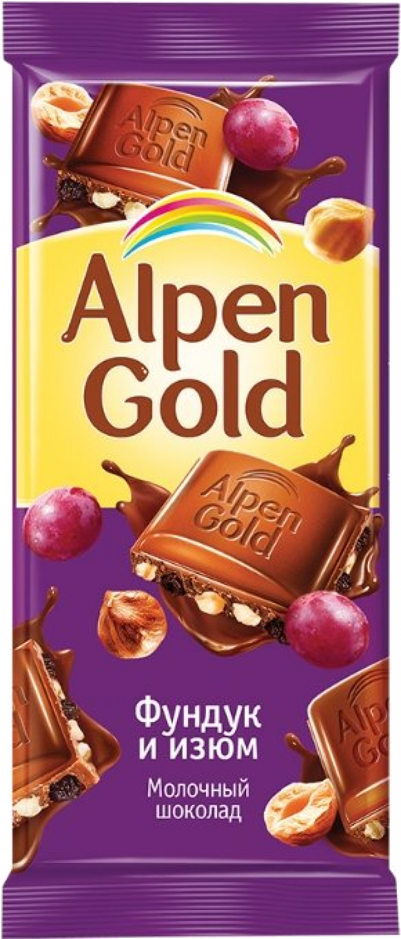 Шоколад ТМ Alpen Gold молочный с фундуком и изюмом 90г