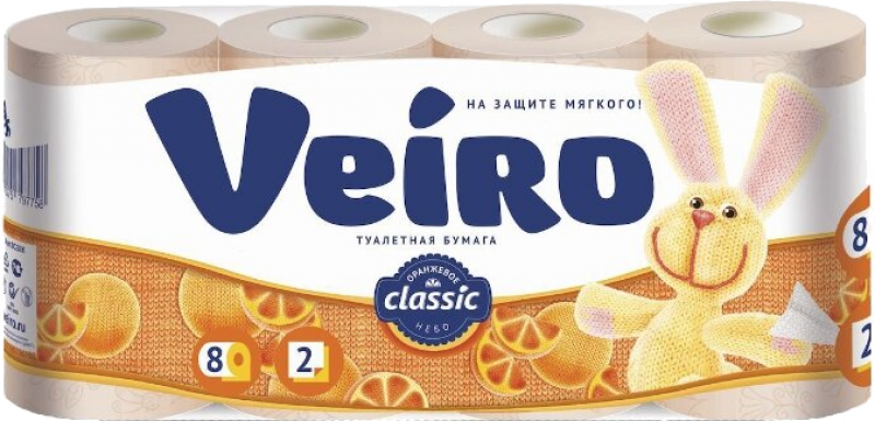Бумага туалетная ТМ Veiro Classic 2х-слойная 8 рулонов абрикос (желтая)