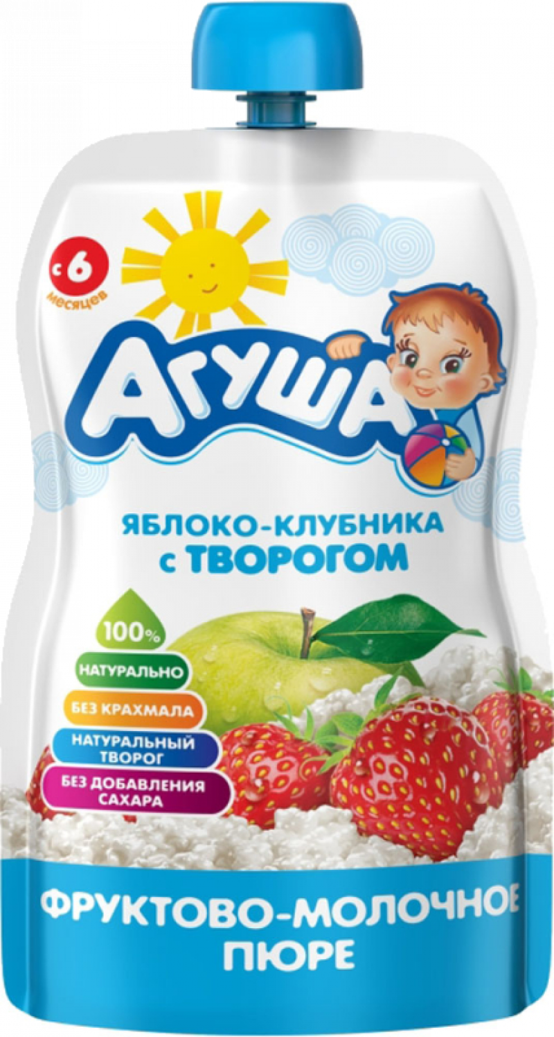 Пюре фруктовое Агуша Яблоко-Клубника-Творог 90г, Pouch-pack, 365 дн.