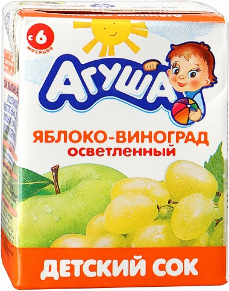 Сок детский осветленный Агуша Яблоко-виноград 200мл, с 4 мес.