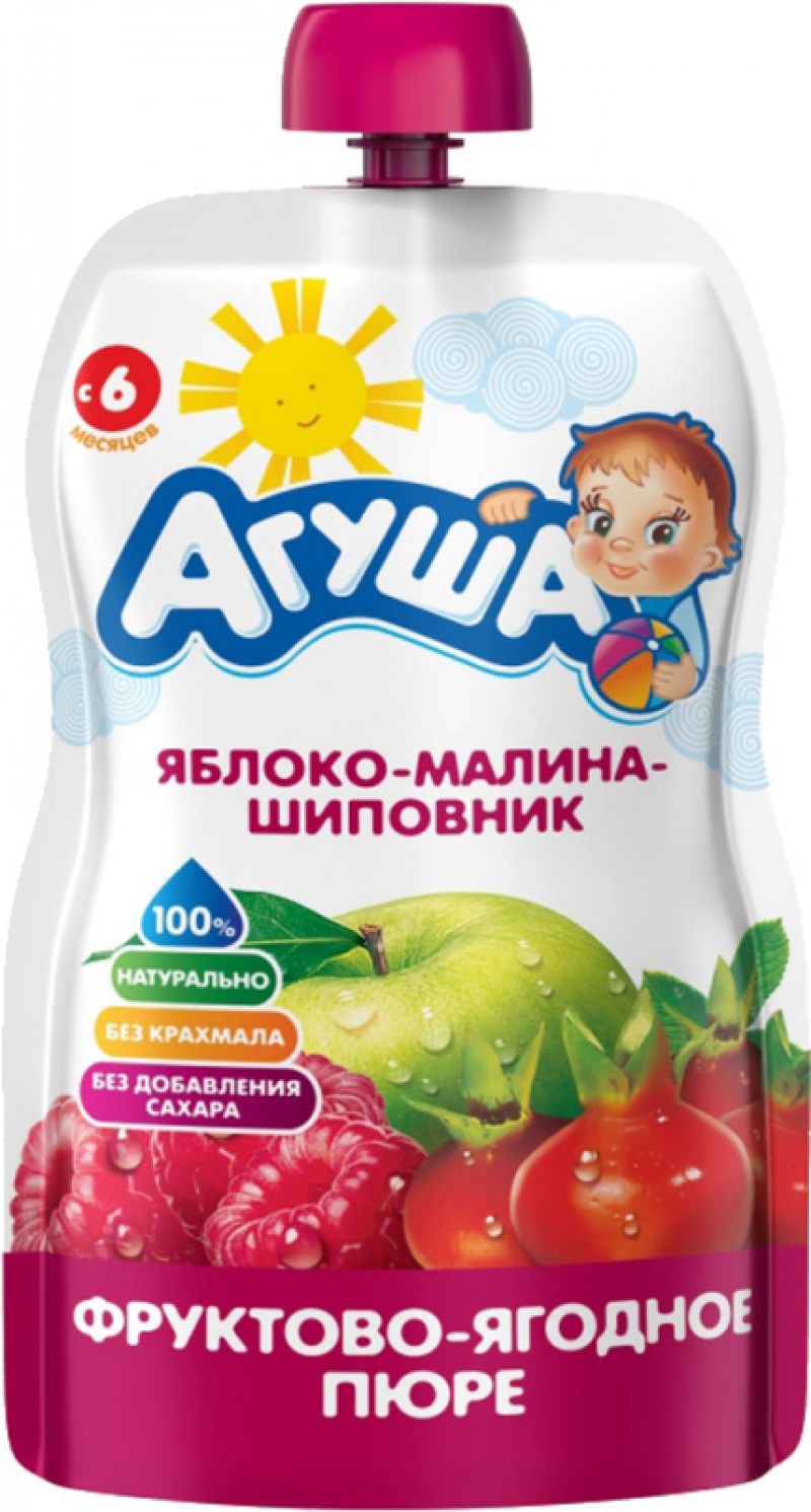 Пюре фруктовое Агуша Яблоко-Малина-Шиповник 90г, Pouch-pack, 365 дн.
