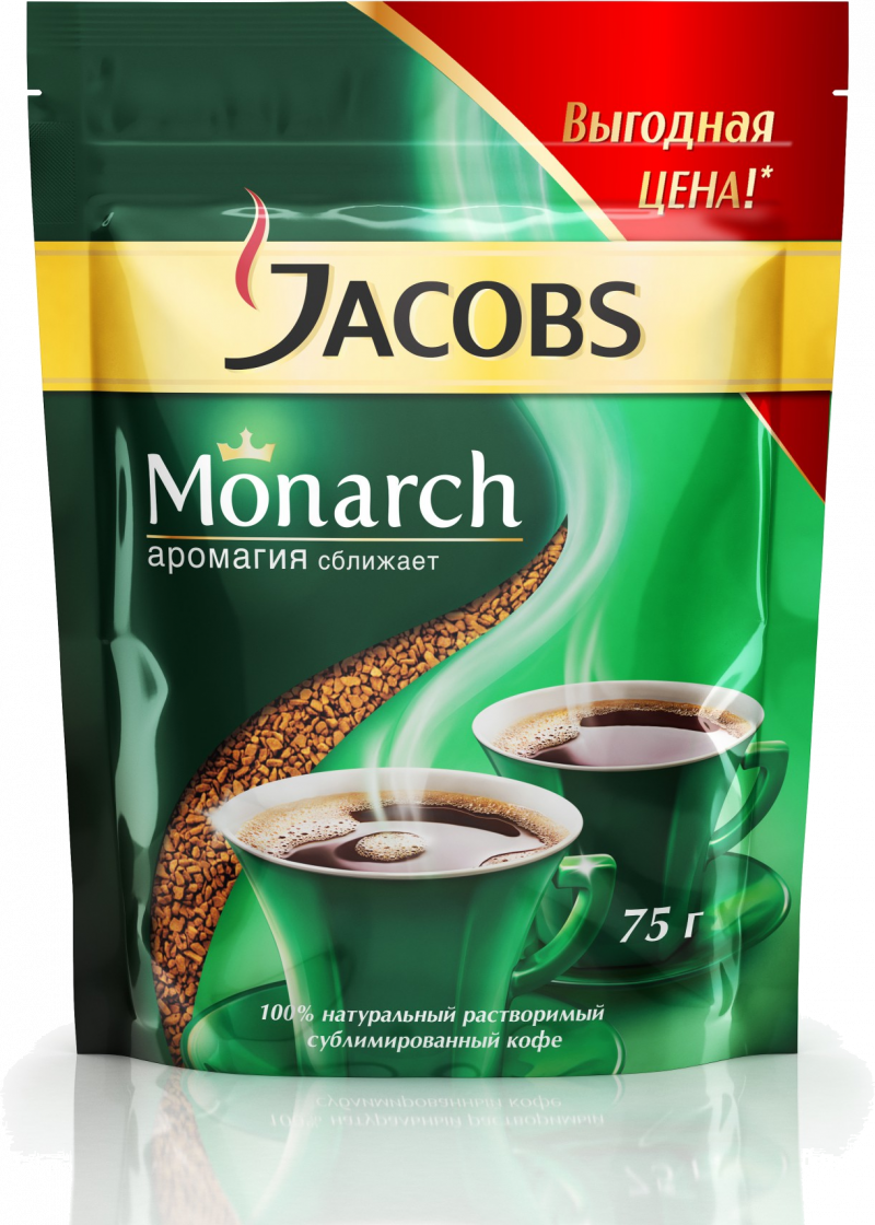 Кофе ТМ Jacobs monarch кофе натуральный растворимый сублимированный пакет 75г