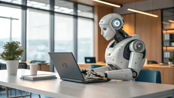 a-cool-photorealistic-robot-using-a-laptop-in-an-o