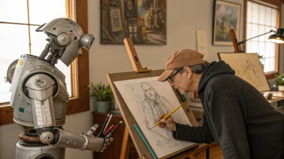 a-robot-and-a-person-are-drawing-next-to-each-othe