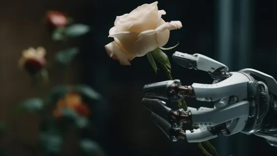 robotic-arm-delicately-holds-fresh-steel-blossom-generated-by-ai