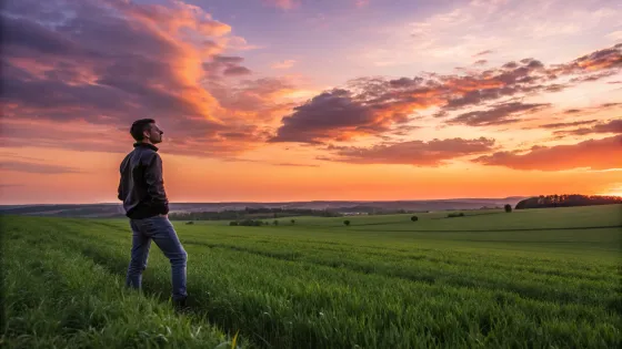 a-man-stands-in-a-field-and-looks-at-the-sunset