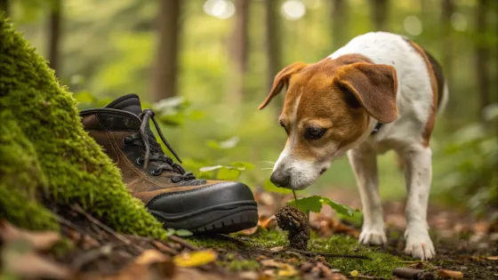 dog-sniffs-boot-prints-in-nature--looking-for