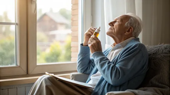 an-elderly-man-sprays-a-spray-in-a-small-bottle-in