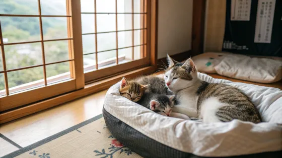 cats-with-kittens-in-a-cozy-bed-in-japan-against-t