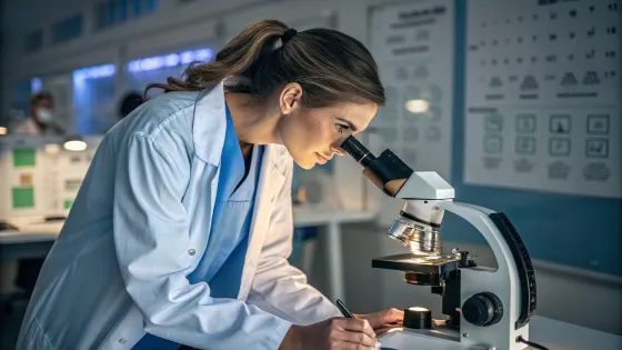 a-woman-in-medical-clothes-looks-through-a-microsc
