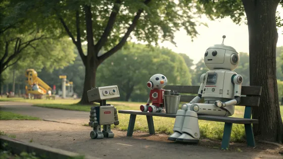 robots-of-different-ages-are-sitting-on-a-bench-in