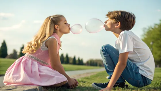 a-girl-and-a-boy-look-at-each-other-and-blow-bubbl