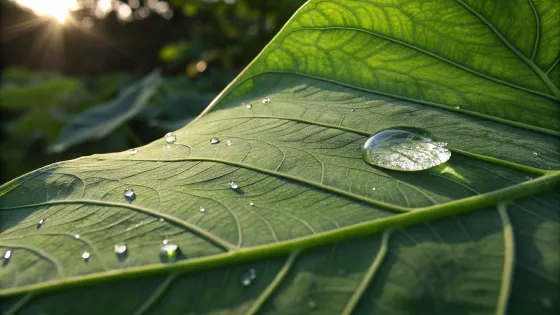 a-photorealistic-drop-of-water-on-a-large-green-le