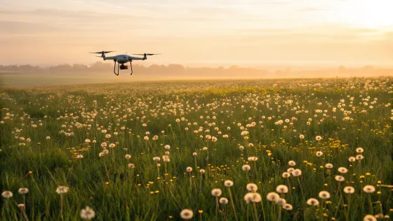 a-drone-flies-over-a-field-of-dandelions