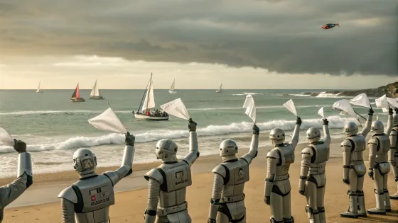 a-crowd-of-photorealistic-robots-stand-on-the-seas
