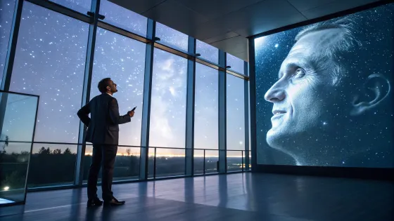 a-man-in-an-office-suit-talks-to-a-hologram-of-a-h