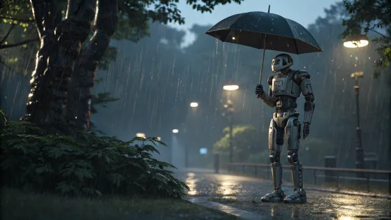 a-photorealistic-robot-stands-in-the-rain--holding