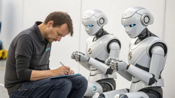 a-man-and-two-robots-are-sitting-and-bending-their