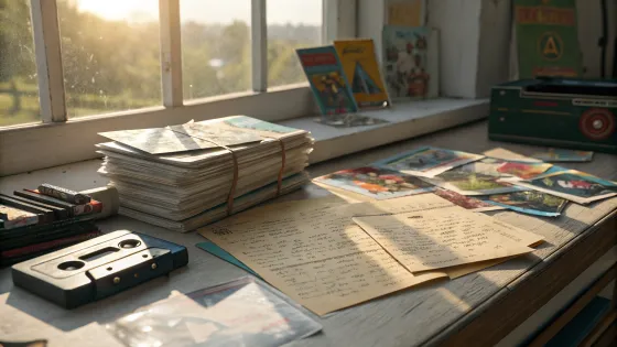 stacks-of-sheets-of-paper-with-texts--cassettes--p