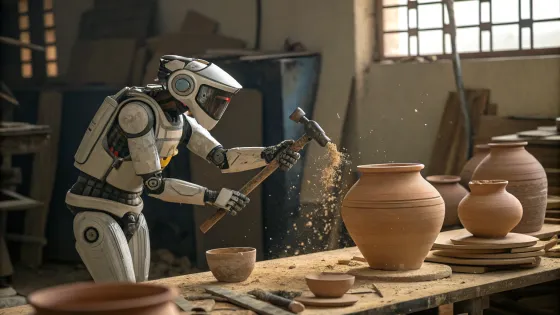 photorealistic-robot-with-hammer-smashes-handmade-