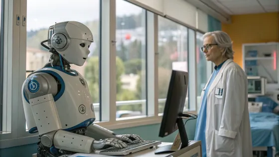 robot-in-a-medical-gown-typing-on-a-computer--doct