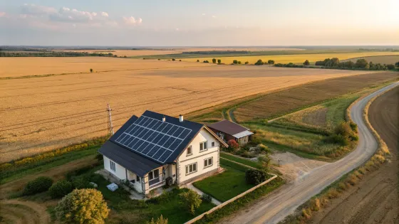 solar-panels-near-a-house-in-the-middle-of-fields