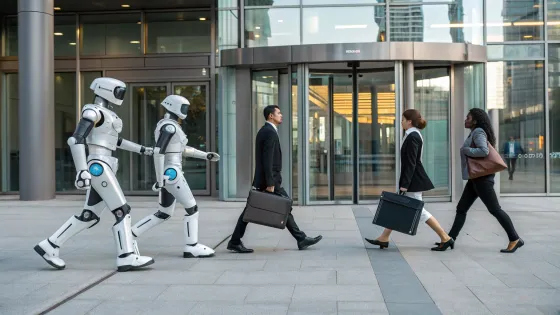 robots-with-briefcases-and-people-walk-together-in
