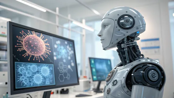 photorealistic-robot-looks-at-screen-with-pictures