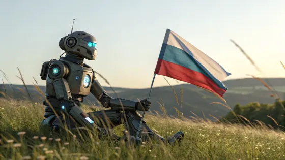 a-robot-sits-in-a-field-and-holds-a-russian-flag