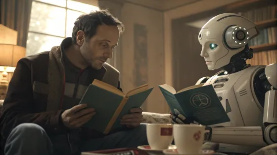 man-and-robot-photorealism-close-up-reading-books-