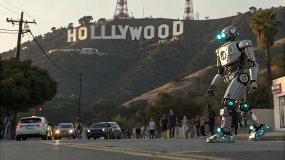robot-walks-near-hollywood-logo-on-street