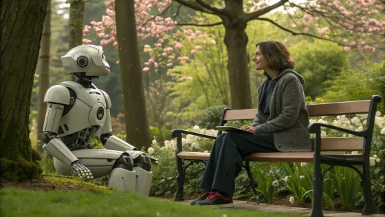woman-and-robot-talking-on-bench-in-garden