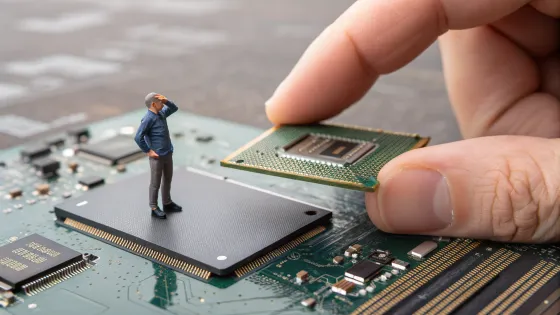 a-small-man-stands-on-a-computer-chip-that-lies-on