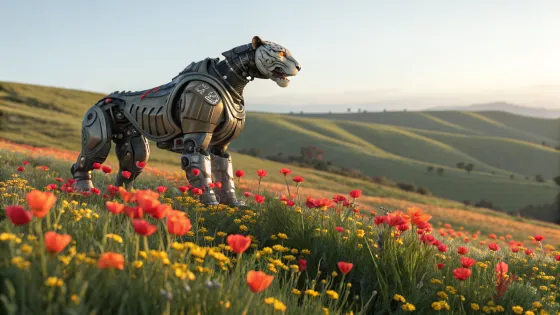 a-robot-tiger-among-blooming-poppies--photorealism