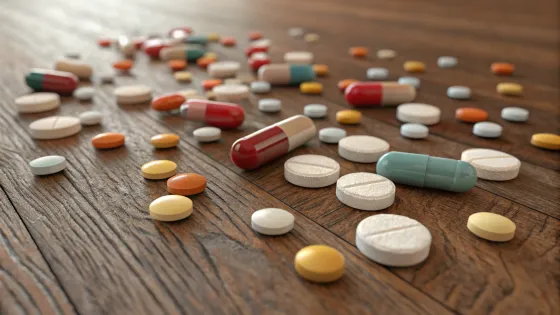 close-up-of-loose-medicines-on-a-wooden-table