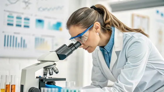 a-female-lab-technician-looks-into-a-microscope
