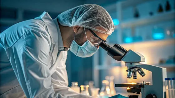 a-doctor-in-a-laboratory-looks-through-a-microscop