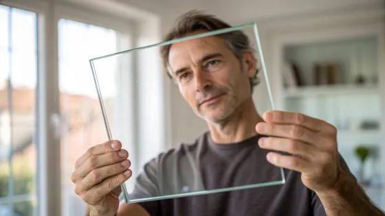 a-man-holds-a-transparent-glass-frame-in-his-hands