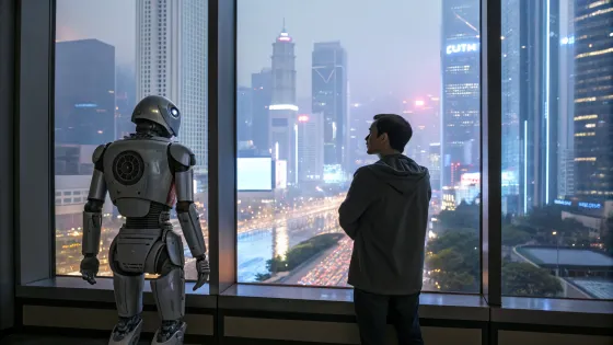 a-robot-and-a-man-look-out-a-window-with-a-modern-