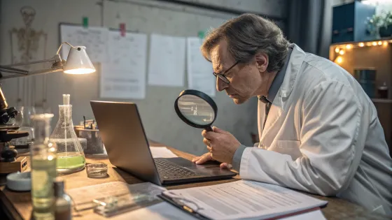 a-scientist-looks-at-a-laptop-through-a-magnifying