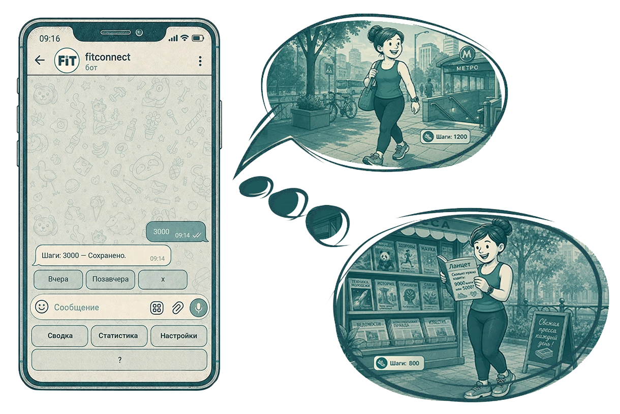Учёт шагов для похудения в Telegram-боте Fitconnect