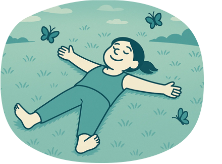 счастливый маскот лежит на траве в позе звезды и смотрит в небо