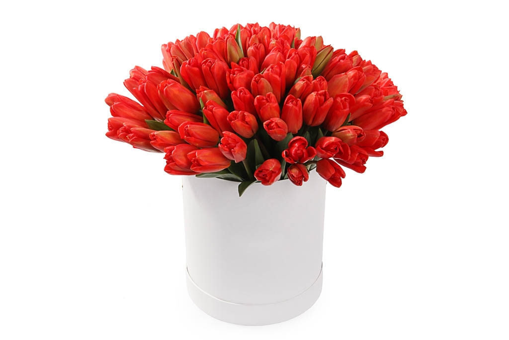 Букет 101 тюльпан в коробке, красные купить недорого в Москве - ФлоралТейл