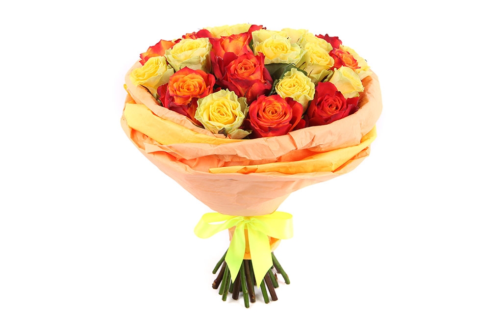 Букет 25 роз, желто-оранжевый микс купить в Москве недорого. Floral-Tale
