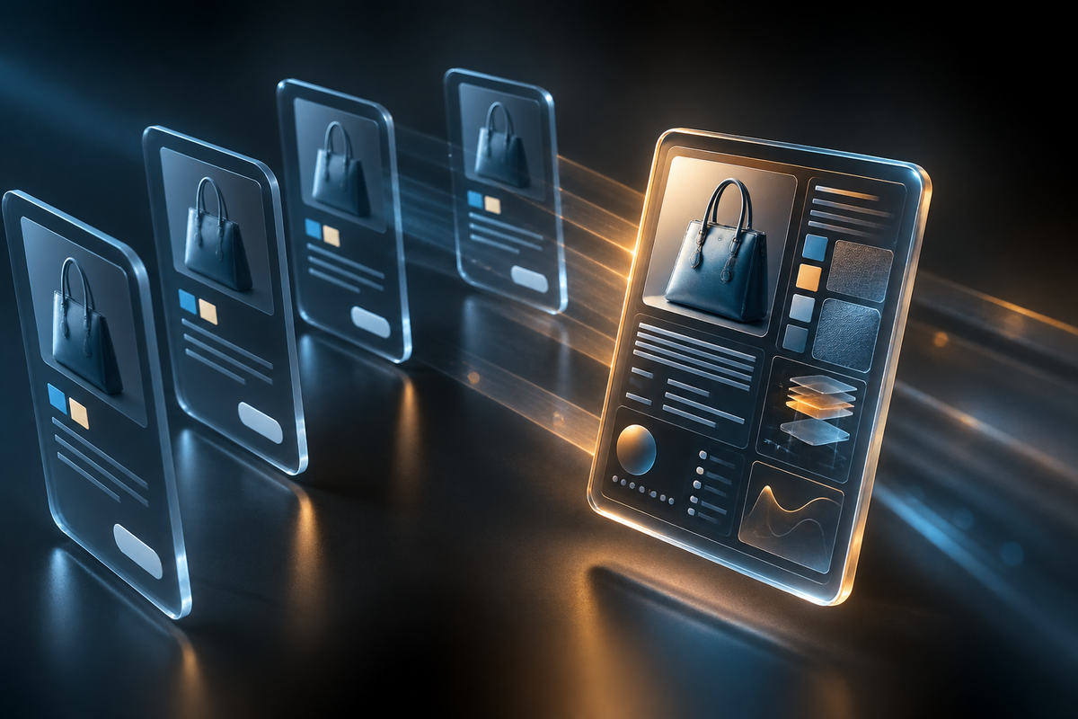 Визуальная метафора повторяющихся описаний и первоисточника информации о продукте.