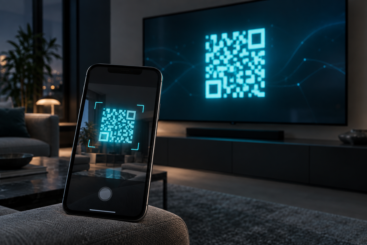 Смартфон считывает QR-код с экрана телевизора для перехода на сайт