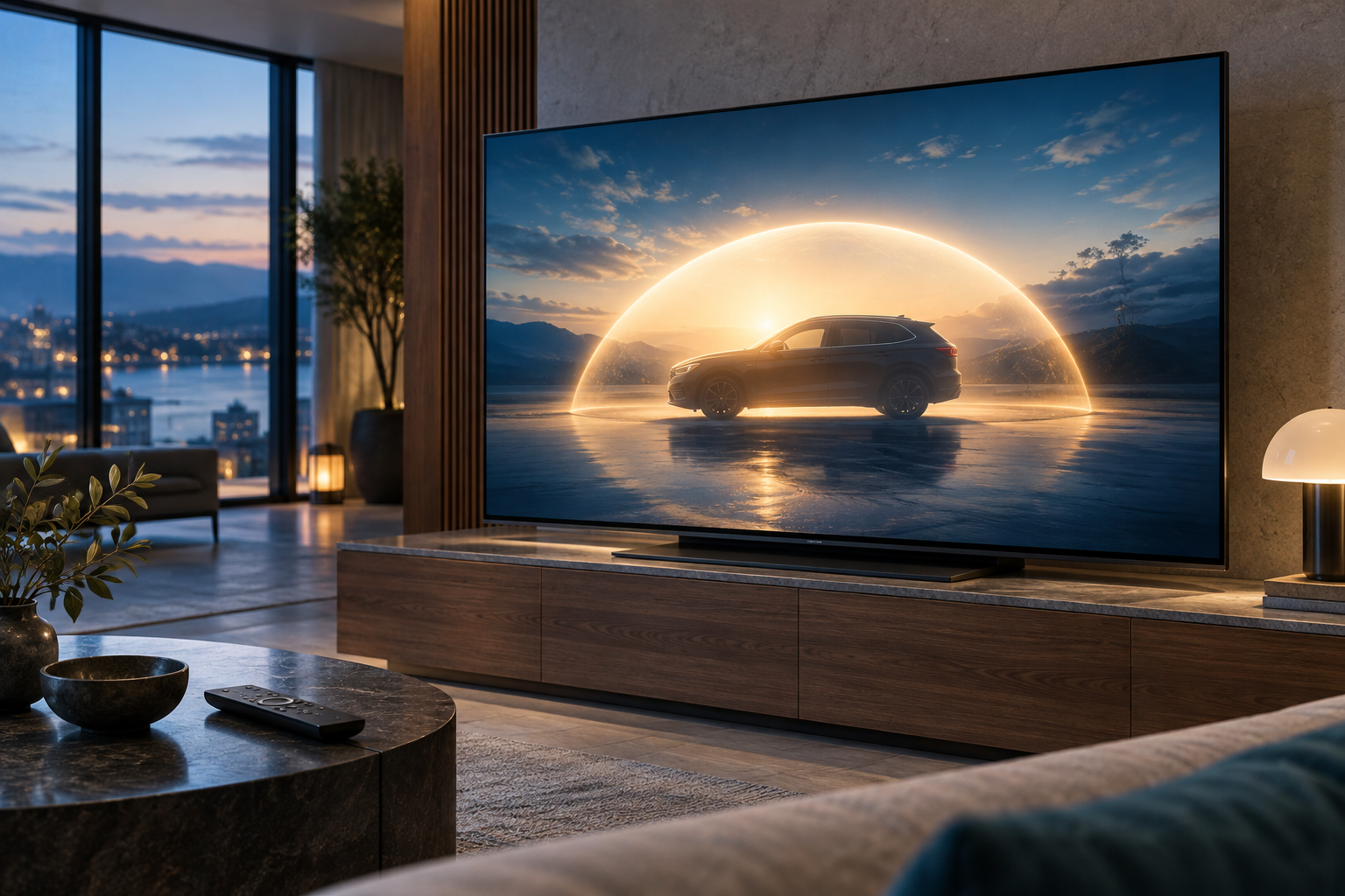 Рекламный ролик на большом экране Smart TV в домашней обстановке