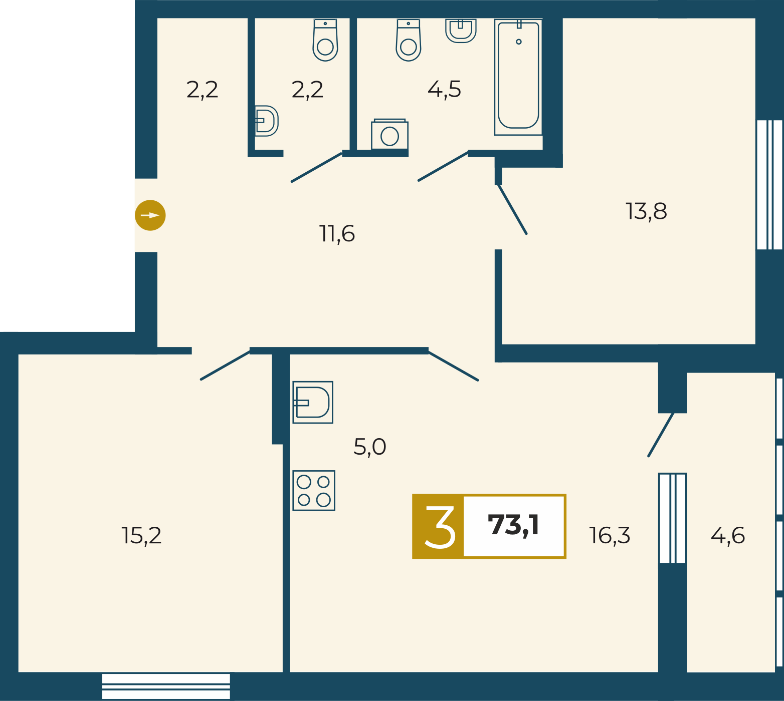 3-комнатная квартира 73.10 м² в проекте ЖК Тактика