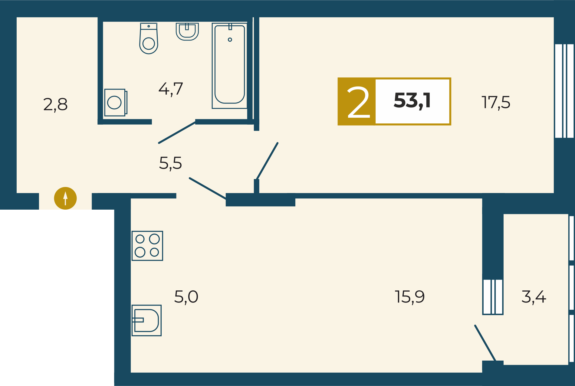 2-комнатная квартира 53.10 м² в проекте ЖК Тактика